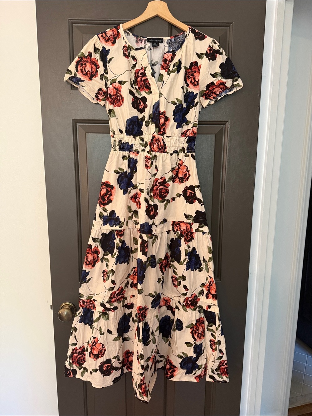 Cynthia Rowley Floral Tiered Midi Dress in Cream with Navy & Coral Roses
